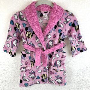 Disney Junior Minnie Mouse Believes Pink Fleece Robe Girls 2T Unicorns Rainbows